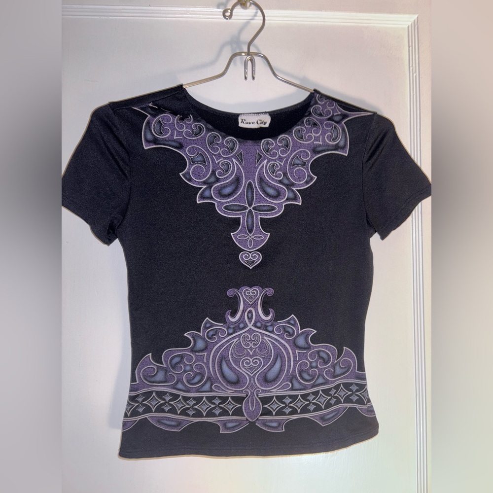 Y2K Rave City Purple Grey Swirl Black Crop Grunge Punk Streetwear Shirt Sz Small